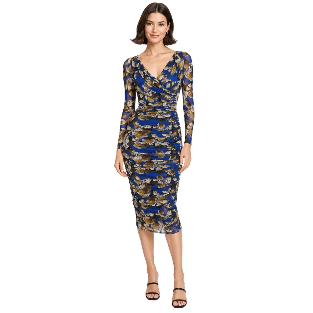 FUZZI Italy L Butterfly Mesh Ruched Midi Dress Cobalt Blue Long Sleeve
